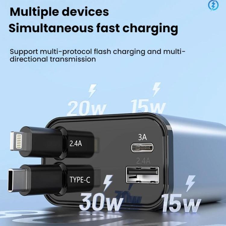 PD30W Car Charger With Retractable Cable, TYPE-C+8 Pin, TYPE-C+TYPE-C, 8 Pin+8 Pin