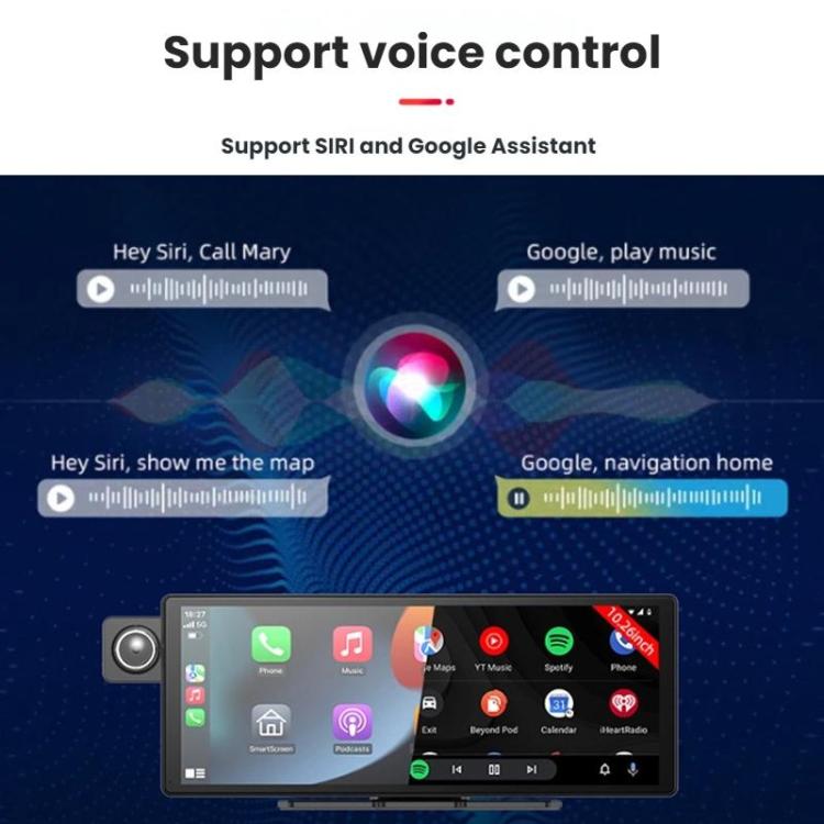 Voice-Controlled CarPlay With Split-Screen Dual-Camera Dashcam, Front Camera + Interior View, With Rear View Camera