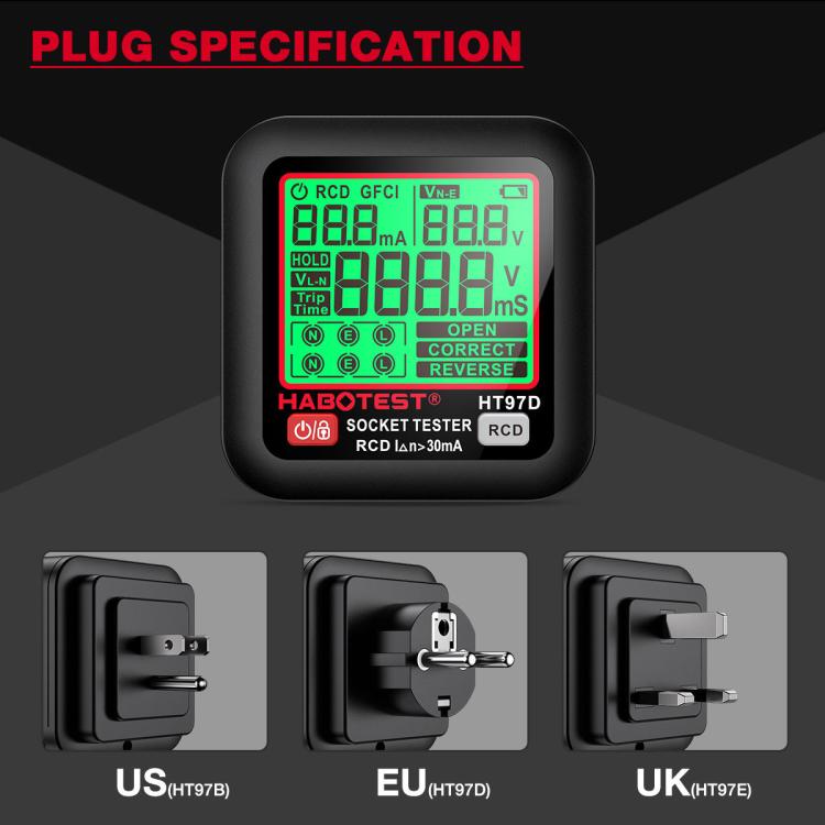 HABOTEST Digital Display Intelligent Electrical Test Socket, HT97B US Plug, HT97D EU Plug, HT97E UK Plug