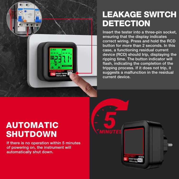 HABOTEST Digital Display Intelligent Electrical Test Socket, HT97B US Plug, HT97D EU Plug, HT97E UK Plug