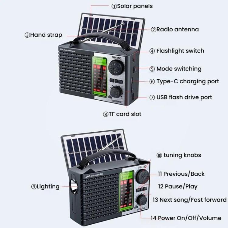 JOC TG-099BT-S Full-Band Solar Radio With Flashlight Portable Bluetooth Radio, JOC TG-099BT-S