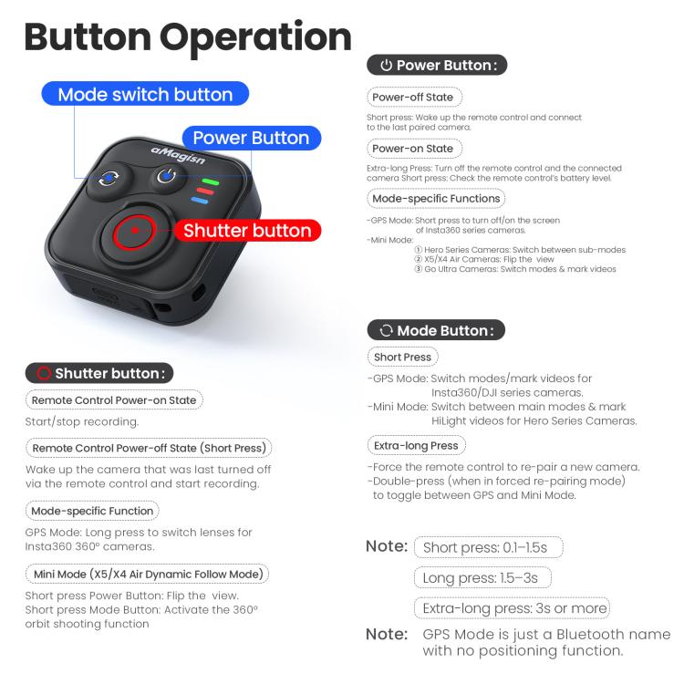 aMagisn Bluetooth Remote Controller 3.0 Universal Version For Insta360, GoPro Hero, Android/ios Smartphones, DJI OSMO 360, Action 6/5 Pro/4, AM40