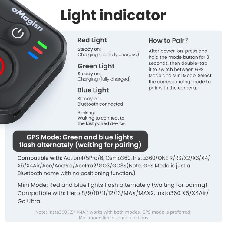 aMagisn Bluetooth Remote Controller 3.0 Universal Version For Insta360, GoPro Hero, Android/ios Smartphones, DJI OSMO 360, Action 6/5 Pro/4, AM40