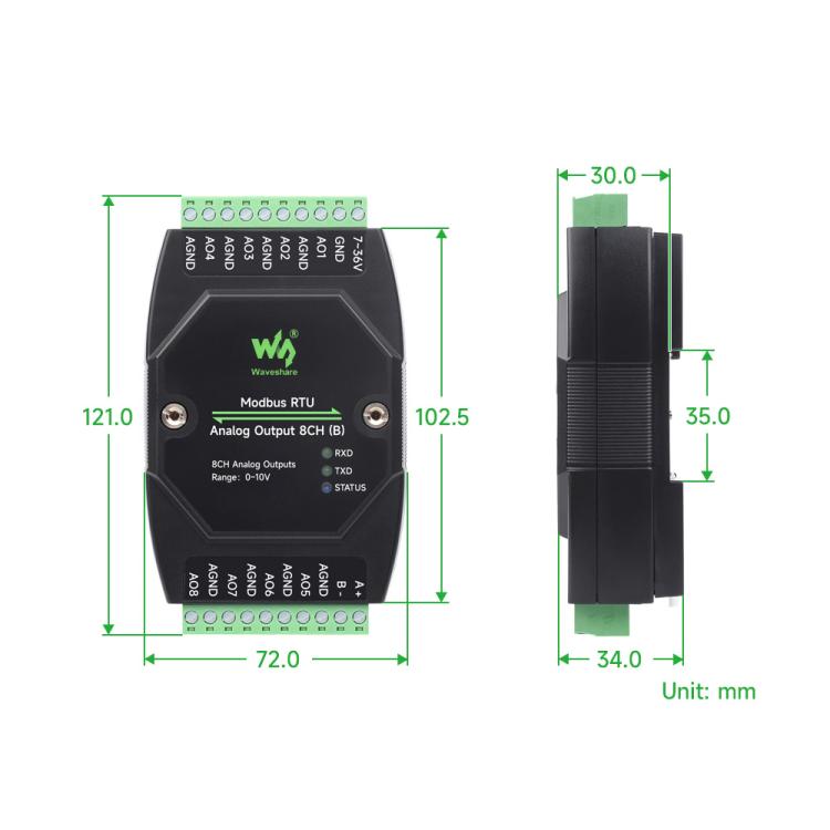 Waveshare Industrial 8-Ch Analog Output Module 12-Bit DA Conversion, Modbus RTU Analog Output 8CH, Modbus RTU Analog Output 8CH (B)