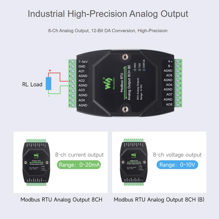 Waveshare Industrial 8-Ch Analog Output Module 12-Bit DA Conversion, Modbus RTU Analog Output 8CH, Modbus RTU Analog Output 8CH (B)