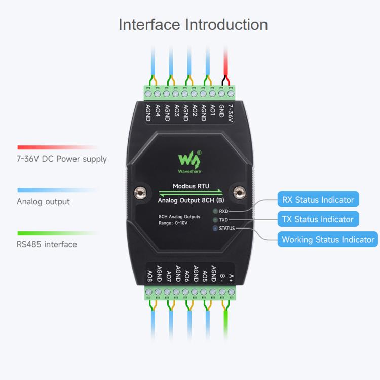 Waveshare Industrial 8-Ch Analog Output Module 12-Bit DA Conversion, Modbus RTU Analog Output 8CH, Modbus RTU Analog Output 8CH (B)