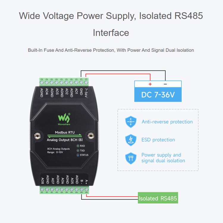 Waveshare Industrial 8-Ch Analog Output Module 12-Bit DA Conversion, Modbus RTU Analog Output 8CH, Modbus RTU Analog Output 8CH (B)