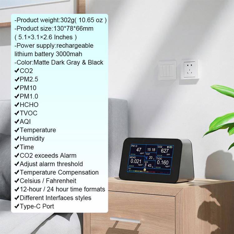 9-In-1 Air Quality Monitor For HCHO/PM2.5/CO2/TVOC, Temperature & Humidity, AQI, Adjustable Alarm, Type-C Charging, DM368