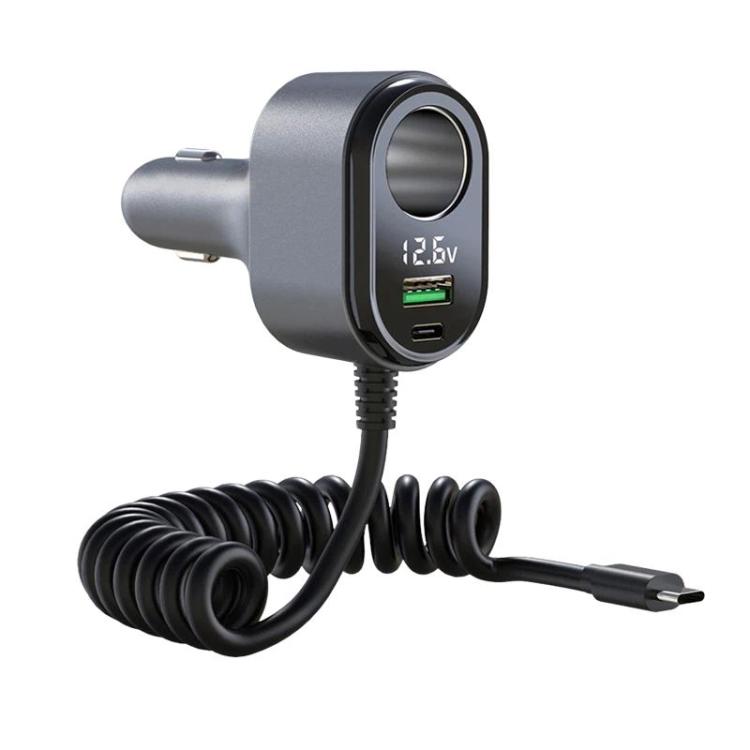 120W Car Cigarette Lighter With Voltage Display Car Phone Charger With Spring Cable, GE09