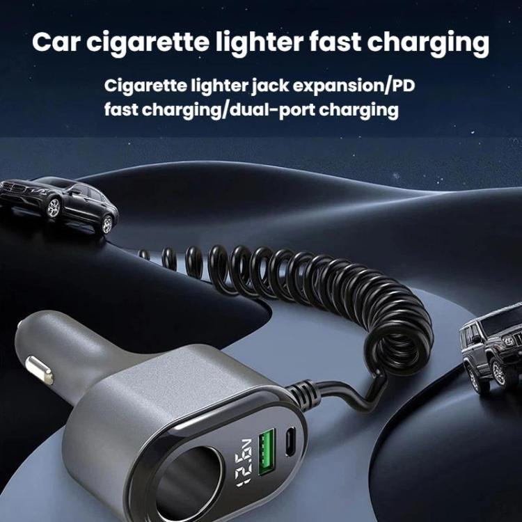 120W Car Cigarette Lighter With Voltage Display Car Phone Charger With Spring Cable, GE09