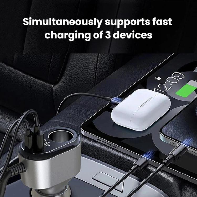 120W Car Cigarette Lighter With Voltage Display Car Phone Charger With Spring Cable, GE09