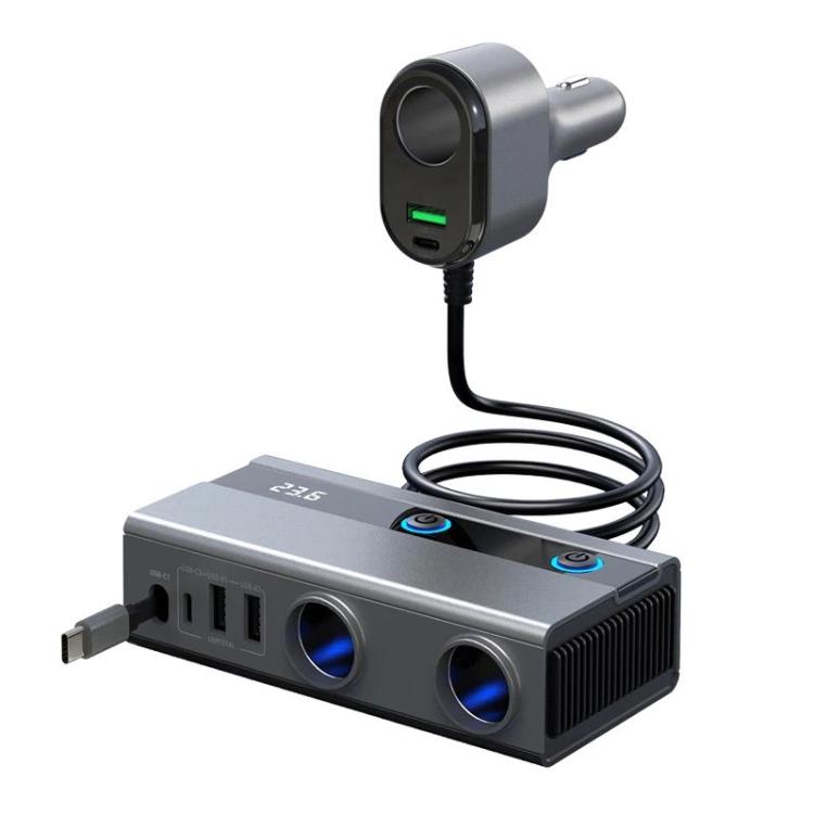 1 To 9 Car Cigarette Lighter With Independent Switches Voltage Display & Retractable Cable Car Charger, GE08