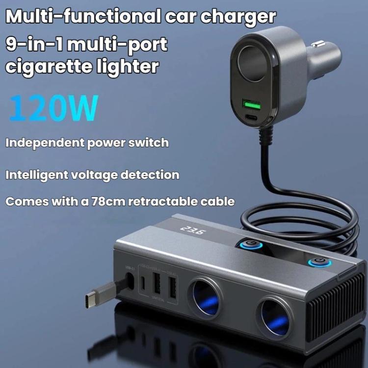 1 To 9 Car Cigarette Lighter With Independent Switches Voltage Display & Retractable Cable Car Charger, GE08