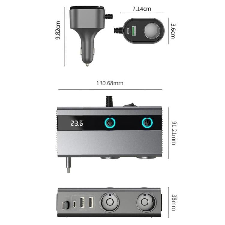 1 To 9 Car Cigarette Lighter With Independent Switches Voltage Display & Retractable Cable Car Charger, GE08