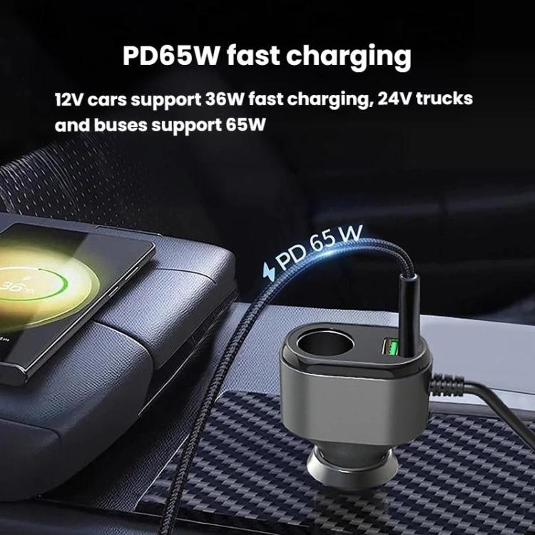 1 To 9 Car Cigarette Lighter With Independent Switches Voltage Display & Retractable Cable Car Charger, GE08