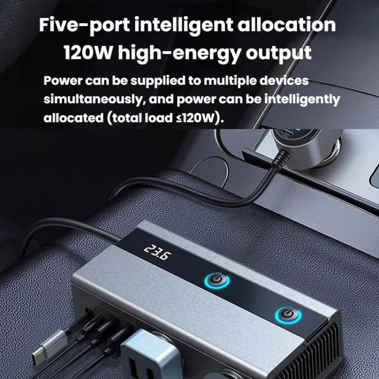 1 To 9 Car Cigarette Lighter With Independent Switches Voltage Display & Retractable Cable Car Charger, GE08