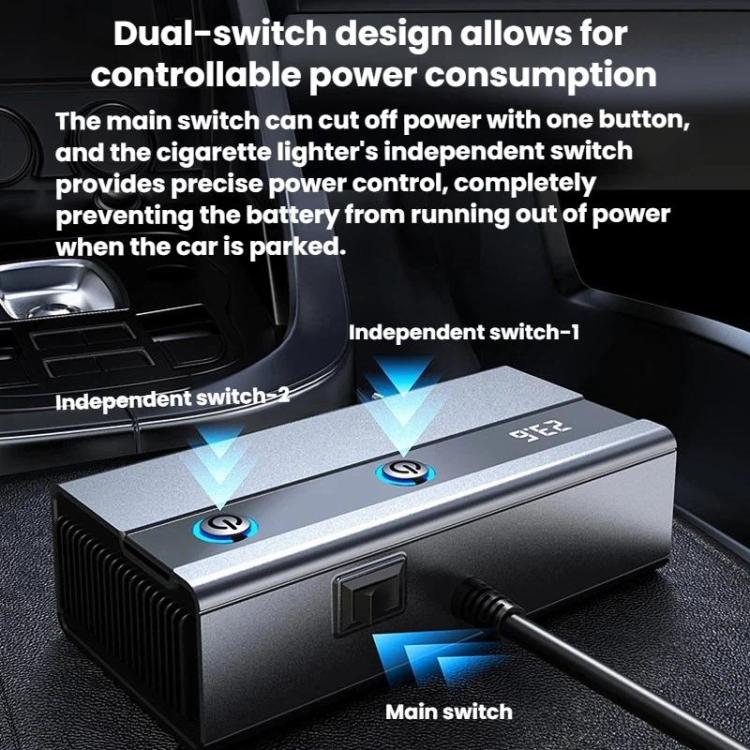 1 To 9 Car Cigarette Lighter With Independent Switches Voltage Display & Retractable Cable Car Charger, GE08
