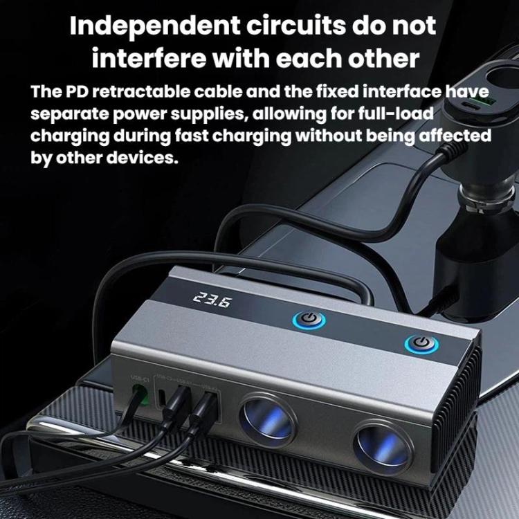 1 To 9 Car Cigarette Lighter With Independent Switches Voltage Display & Retractable Cable Car Charger, GE08