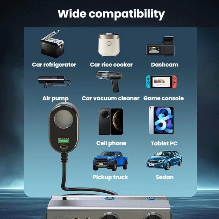 1 To 9 Car Cigarette Lighter With Independent Switches Voltage Display & Retractable Cable Car Charger, GE08