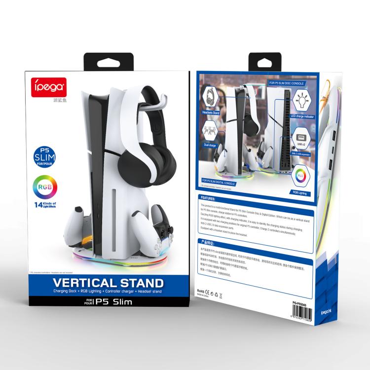 For PS5 Pro/Slim ipega Vertical Stand with Controller Charger, Headphone Hook and LED Light Ring