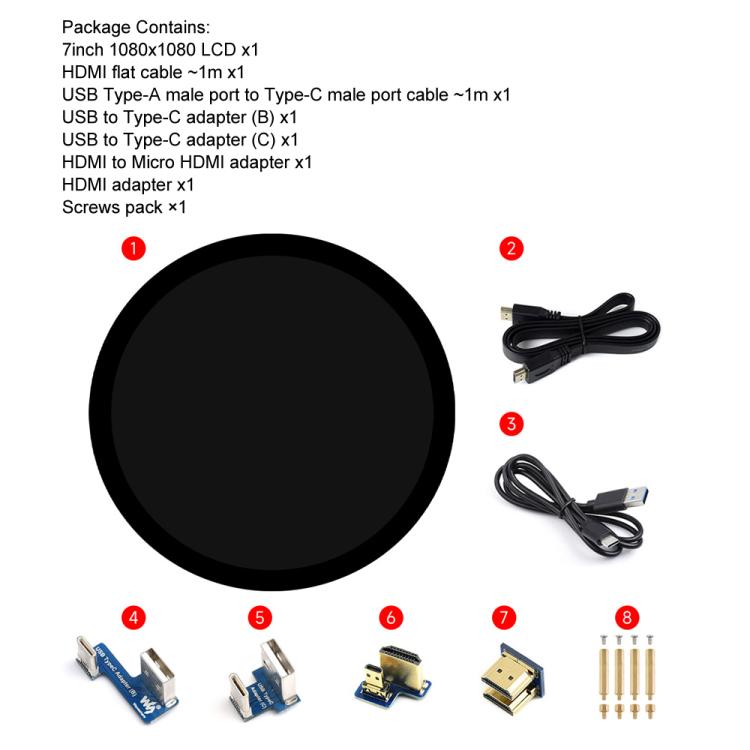 Waveshare 7inch Round HDMI Capacitive Touch Display, 1080x1080 LCD, 10-Point Multi-Touch  For Raspberry Pi Arduino DIY, 7inch 1080x1080 LCD