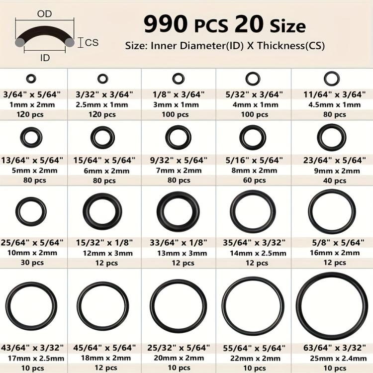 990pcs /Set NBR O-Ring Kit 20 Sizes Metric Nitrile Rubber Sealing Rings for High Pressure Washer, Automotive, Plumbing & Industrial Seals