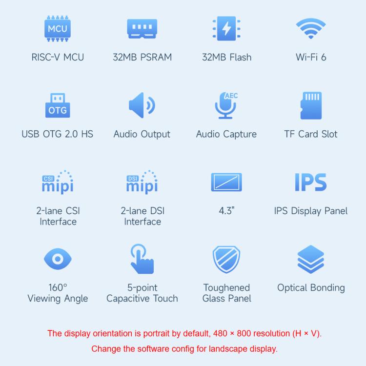 Waveshare ESP32-P4-WIFI6 4.3inch Development Board, 480 × 800 Resolution, 5-Point Touch, Onboard Audio Codec Chip, Basic Model, With OV5647 Camera