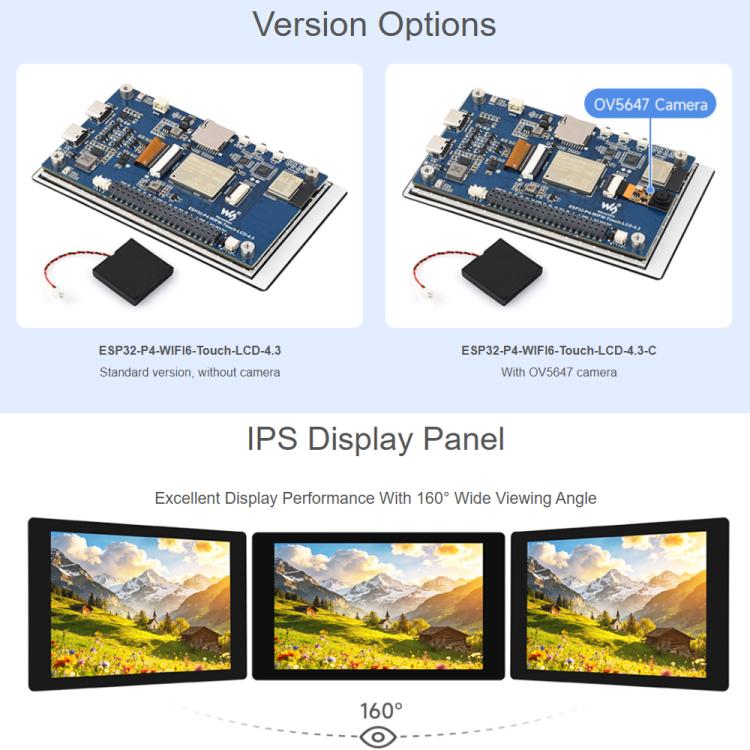 Waveshare ESP32-P4-WIFI6 4.3inch Development Board, 480 × 800 Resolution, 5-Point Touch, Onboard Audio Codec Chip, Basic Model, With OV5647 Camera