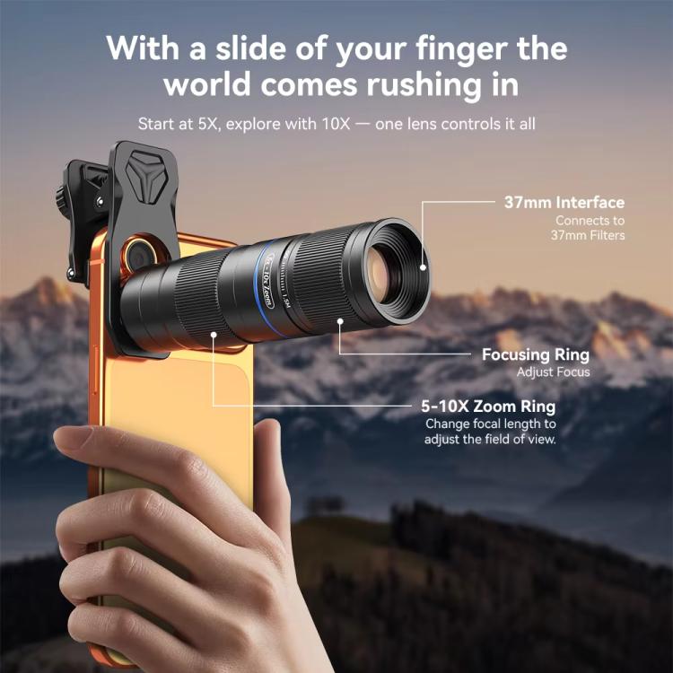 APEXEL TeleZoom 5–10X Zoom Telephoto Lens Kit for Smartphone with All-in-One Universal Clip, APL-T5-10X