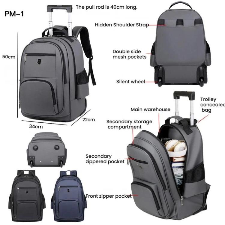 Large Capacity Wheeled Backpack for Men Carry-On Trolley Laptop Backpack with Hidden Shoulder Straps