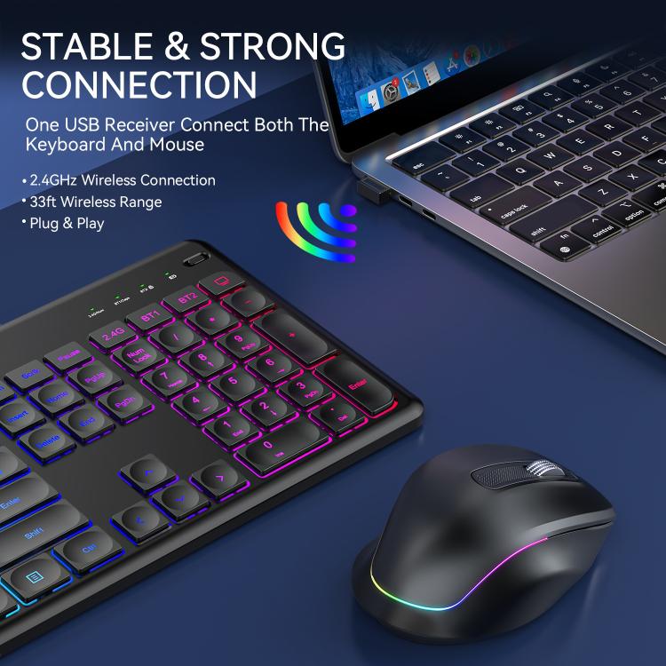 Wireless Keyboard and Mouse Set with Phone/Tablet Slot RGB Backlit Rechargeable Keyboard Mouse Combo, 2.4G Single Mode, 2.4G & Bluetooth