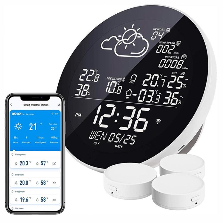 Smart WiFi Weather Station Clock Compatible With Tuya Smart Life Wireless Indoor Outdoor Thermometer Hygrometer, 1-to-1, 1-to-3