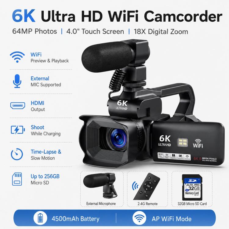 64MP 6K 18X Digital Zoom Camcorder Video Camera With 4-Inch Touch Screen, Microphone & LED Light, 32G, 64G, 128G, 256G