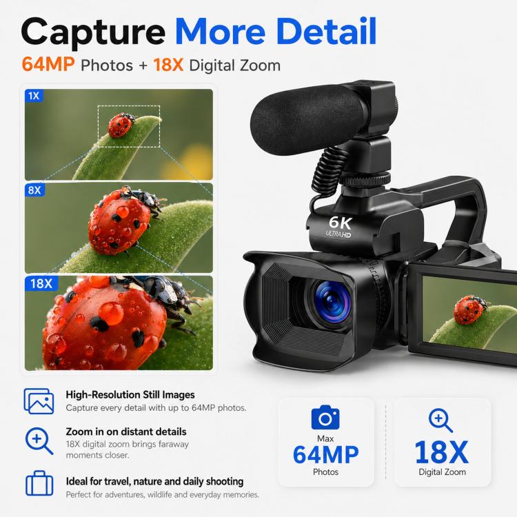64MP 6K 18X Digital Zoom Camcorder Video Camera With 4-Inch Touch Screen, Microphone & LED Light, 32G, 64G, 128G, 256G