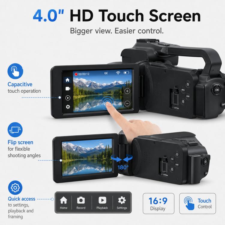64MP 6K 18X Digital Zoom Camcorder Video Camera With 4-Inch Touch Screen, Microphone & LED Light, 32G, 64G, 128G, 256G