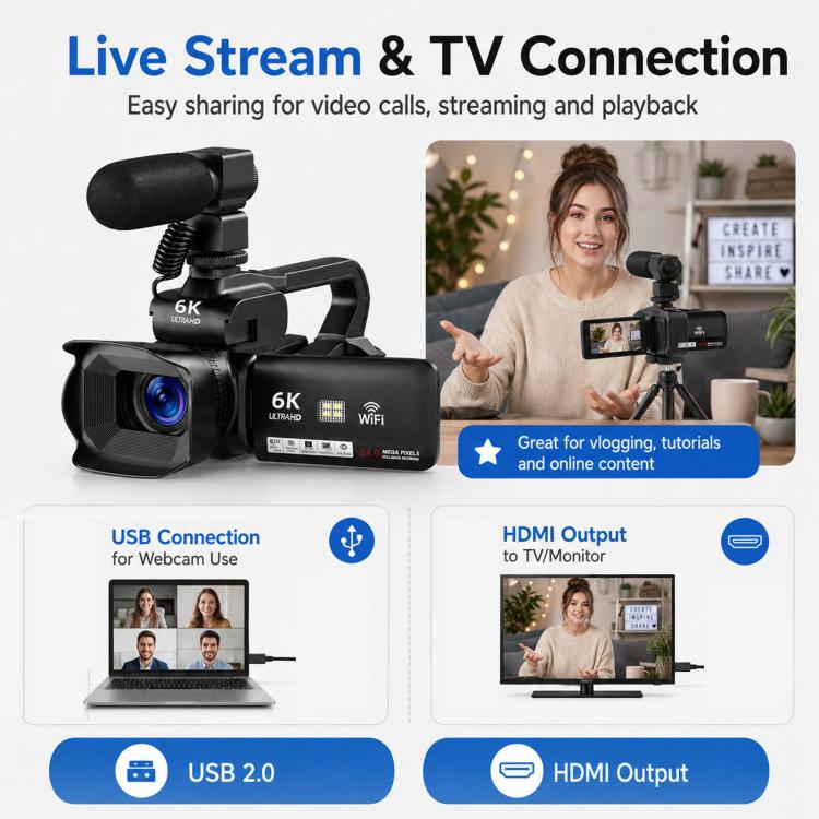 64MP 6K 18X Digital Zoom Camcorder Video Camera With 4-Inch Touch Screen, Microphone & LED Light, 32G, 64G, 128G, 256G