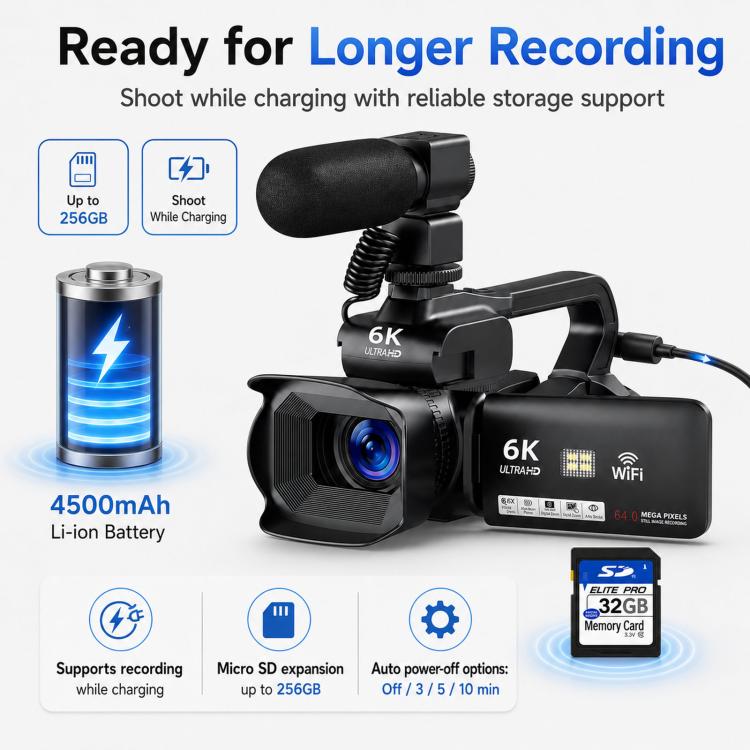 64MP 6K 18X Digital Zoom Camcorder Video Camera With 4-Inch Touch Screen, Microphone & LED Light, 32G, 64G, 128G, 256G