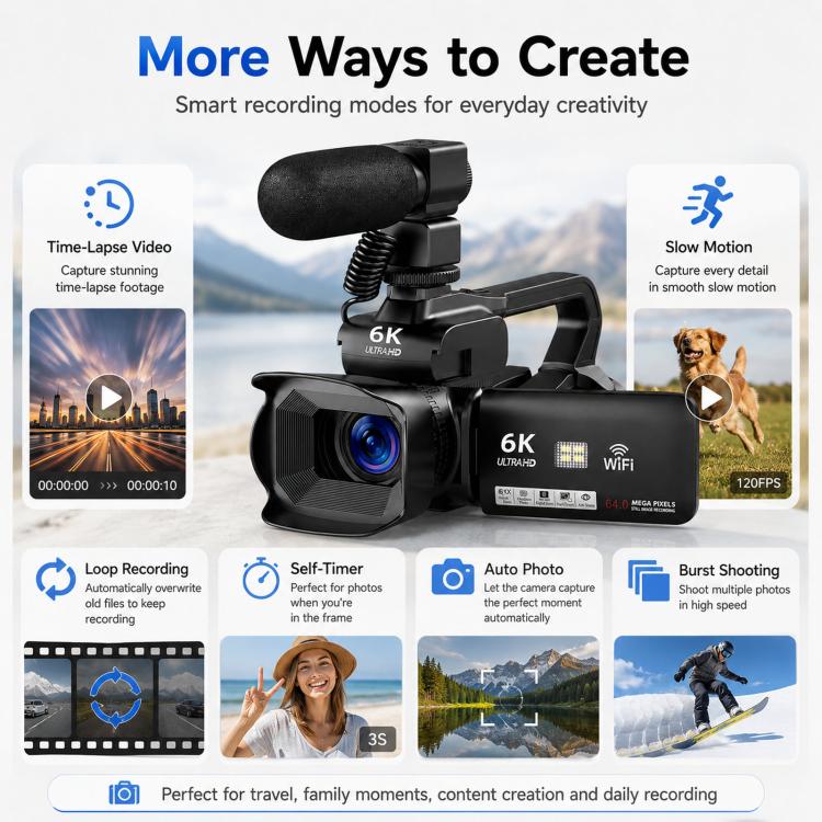 64MP 6K 18X Digital Zoom Camcorder Video Camera With 4-Inch Touch Screen, Microphone & LED Light, 32G, 64G, 128G, 256G
