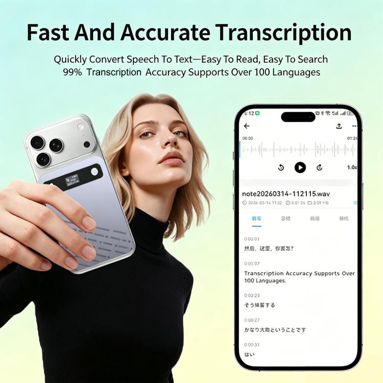 B86 Intelligent Noise-Reduction & Transcription Card-Shaped Voice Recorder, Bluetooth Magnetic AI Translator, 32GB, 64GB, No Memory Card
