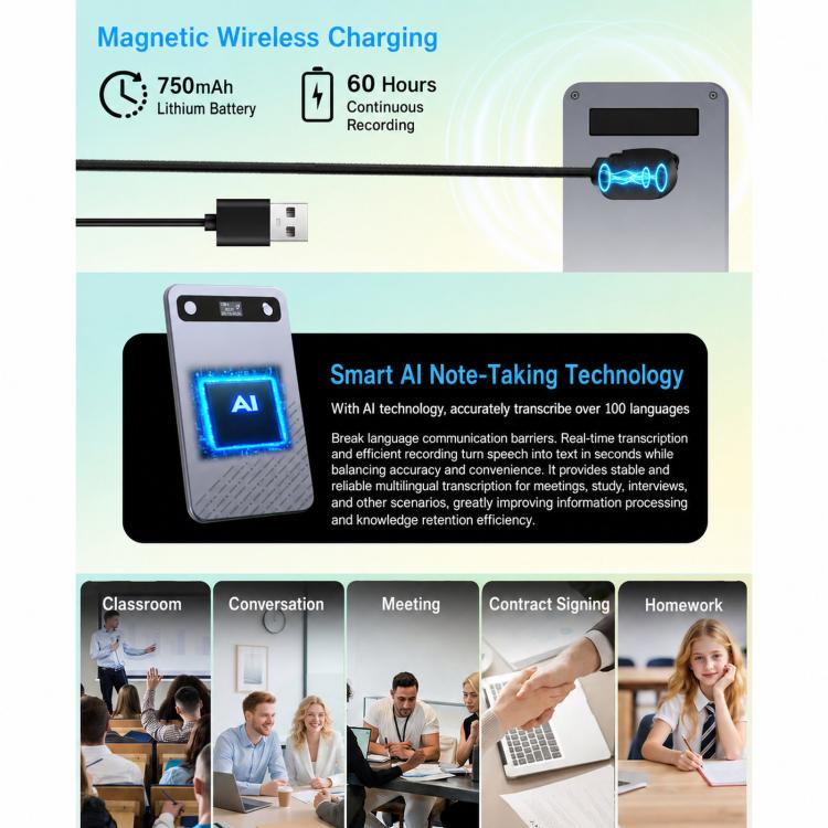 B86 Intelligent Noise-Reduction & Transcription Card-Shaped Voice Recorder, Bluetooth Magnetic AI Translator, 32GB, 64GB, No Memory Card