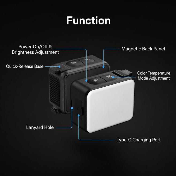 For DJI Action 5 Pro/4/3 TELESIN Quick-Release Mini Vlog Fill Light, IPX5 Waterproof Magnetic LED Video Light With 3 Color Temps, For DJI Action 5 Pro/4/3