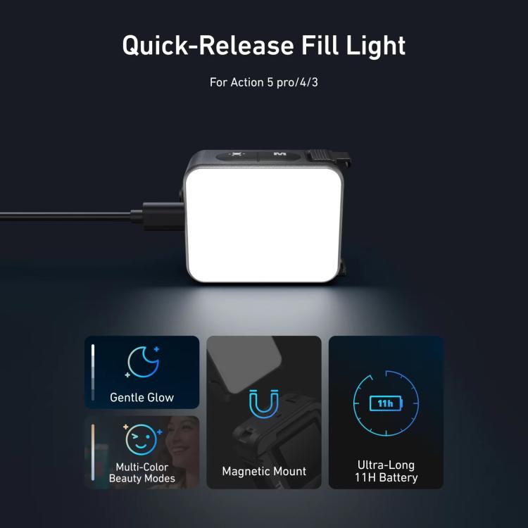 For DJI Action 5 Pro/4/3 TELESIN Quick-Release Mini Vlog Fill Light, IPX5 Waterproof Magnetic LED Video Light With 3 Color Temps, For DJI Action 5 Pro/4/3