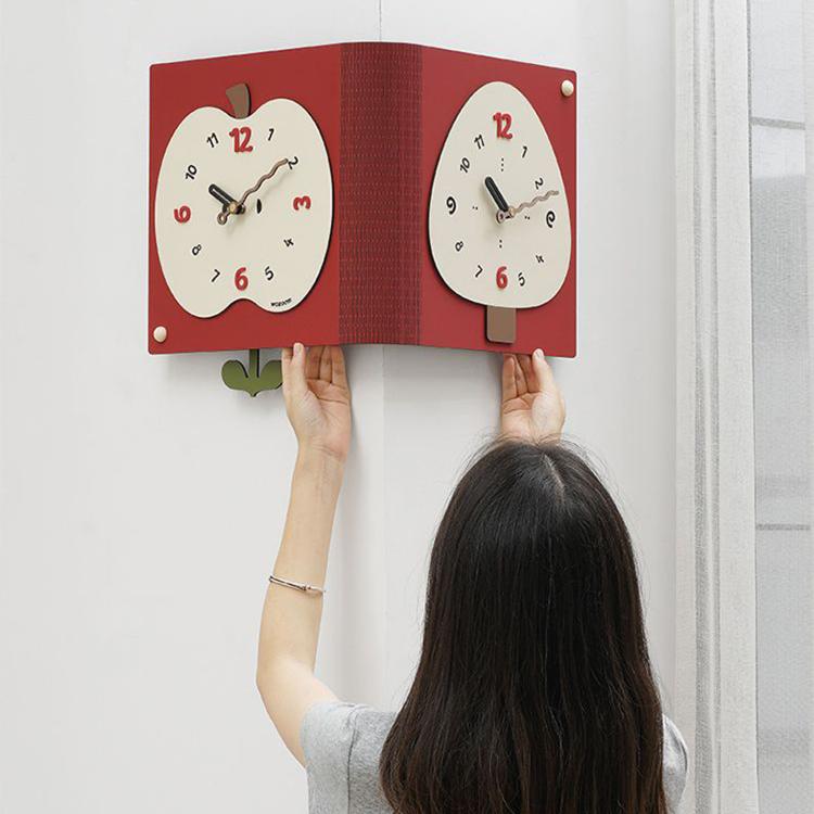 wozoom Living Room Minimalist Double-Sided Wall Clock Corner Decorative Clock, Red Medium, Red Large, Beige Large