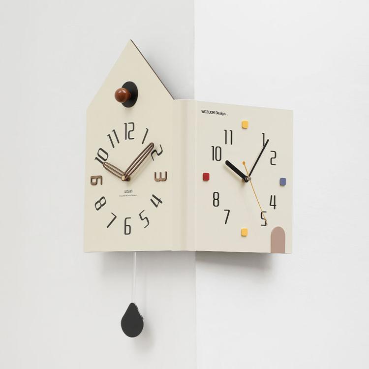wozoom Modern Corner Double Sided Wall Clock Silent House Shaped Decorative Clock, Cream White Medium, Cream White Large, Yellow Medium, Yellow Large, White Medium, White Large