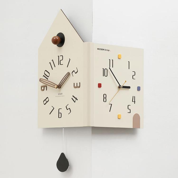 wozoom Modern Corner Double Sided Wall Clock Silent House Shaped Decorative Clock, Cream White Medium, Cream White Large, Yellow Medium, Yellow Large, White Medium, White Large