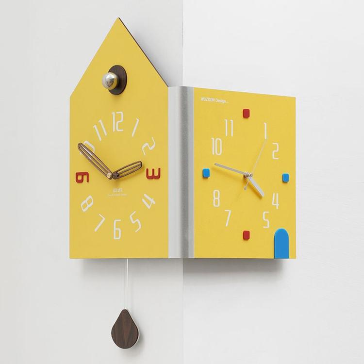 wozoom Modern Corner Double Sided Wall Clock Silent House Shaped Decorative Clock, Cream White Medium, Cream White Large, Yellow Medium, Yellow Large, White Medium, White Large