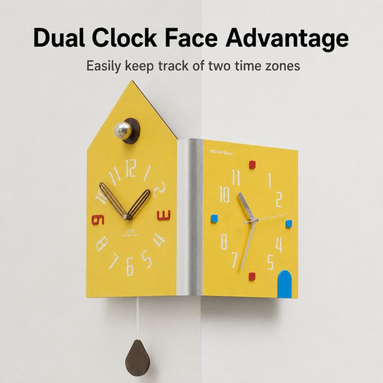 wozoom Modern Corner Double Sided Wall Clock Silent House Shaped Decorative Clock, Cream White Medium, Cream White Large, Yellow Medium, Yellow Large, White Medium, White Large