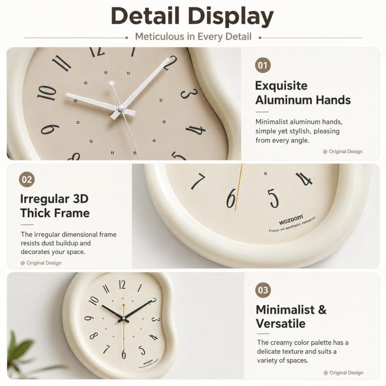 wozoom Living Room Modern Art Wall Clock Minimalist Cream Style Silent Decorative Clock, Flat Black, Framed Cream White, Framed Cream Brown, Framed Black, Dust-proof Cream White, Dust-proof Cream Brown, Dust-proof Black