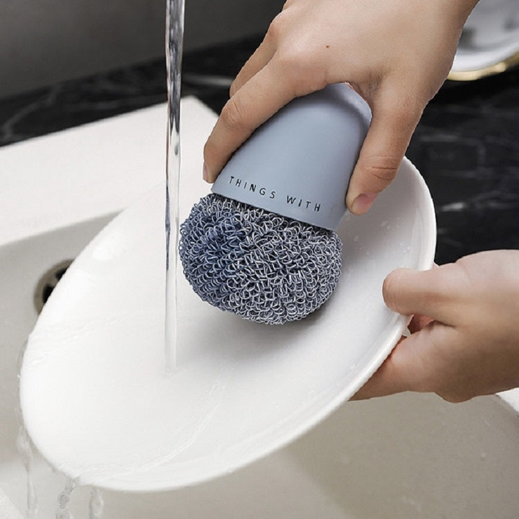 Polyester Cleaning Ball Household Handle Cleaning Brush Kitchen Short Handle Dishwashing Pot Brush, White, Blue, 4 Replacement Heads