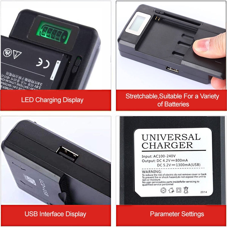 Universal Cell Phone Battery Charger with USB Output & LCD Display, US Plug, 800mA/1300mA